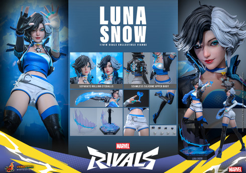 Hot Toys VGM88 Marvel Rivals Luna Snow 1/6th scale figure shown displaying her signature blue outfit and two toned hairstyle on a white studio background.
