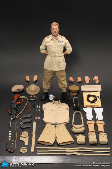 this image presents the full DID K80197 1/6 scale WWII British SAS Special Forces Colonel Alan figure displayed alongside his complete uniform setup and diecast weapon accessories.