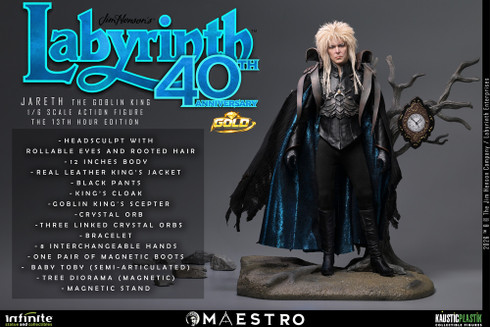 Front full view of the Labyrinth Jareth The Goblin King 1/6 scale action figure wearing his tailored black cape and tunic.