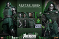 Hot Toys Avengers Doomsday MMS906 Doctor Doom one sixth scale action figure standing in signature dark green hooded cloak and silver armored suit.