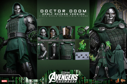 Hot Toys Avengers Doomsday MMS906 Doctor Doom one sixth scale action figure standing in signature dark green hooded cloak and silver armored suit.