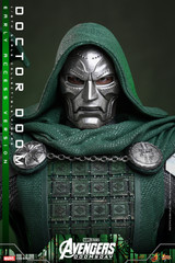 Close up view of the newly developed Doctor Doom metallic mask with separate rolling eyeballs feature for customizable gaze direction.
