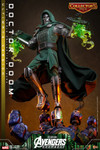 Doctor Doom poses atop the illuminated LED Sentinel hand diorama base included with the Ultimate Version figure.
