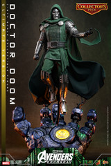Close up of the Hot Toys Doctor Doom head sculpt showing the silver mask and separate rolling eyeball feature.