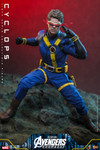 Detailed shot showing the tailored navy tactical top yellow utility belt and weathered thigh pouches on the Hot Toys Cyclops collectible.
