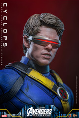 Close up view of the James Marsden head sculpt on the Hot Toys Cyclops figure displaying red LED optic blast visor beam effects.