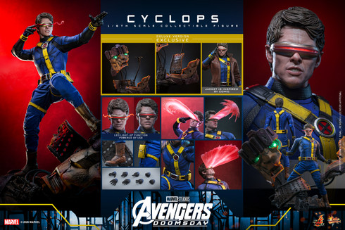 An overview layout displays all included accessories such as interchangeable hands extra visors and optic beam effects for the Cyclops figure.