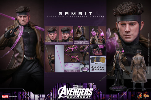 Full product overview showing all interchangeable hands bo staves kinetic effects and display stand for MMS910 Gambit.