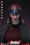 A close up showing the helmeted head sculpt of Sir Ian McKellen as Magneto with implanted grey wool hair and separate rolling eyeball system.