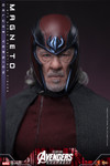 Close-up view of the Sir Ian McKellen Magneto helmeted head sculpt highlighting the separate rolling eyeball mechanism and real wool implanted hair.