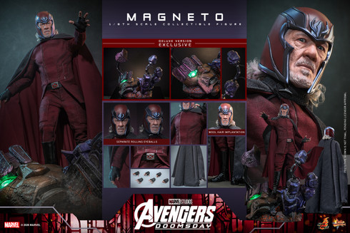 Complete set overview displaying Magneto along with interchangeable gloved hands showing magnetic power poses.