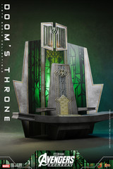 Hot Toys Doom Throne displayed with the included green stained glass theme backdrop setting.