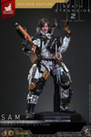 Close up view of Sam holding the LW Assault Rifle Lv2 alongside the Stealth Black BB Pod and utility pouches.