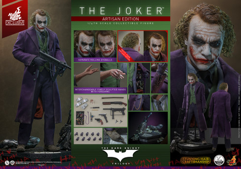 Hot Toys Dark Knight Joker Artisan Edition quarter scale collectible figure stands in full custom purple suit showing authentic rooted wool hair details.