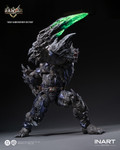 Dynamic display of the INART Devastator figure utilizing the interchangeable right hand with attached green Kryptonite blade accessory.