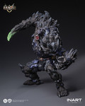 Detailed close up of the INART Batman The Devastator roaring head sculpt highlighting the sharp teeth textured monster skin and glowing red eyes.