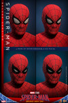 Close up view of the masked head sculpt displaying four interchangeable eye pieces for custom expressions on the Hot Toys MMS893 Spider Man figure.