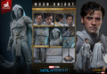Complete accessories set for the Hot Toys TMS140AE Moon Knight figure including swappable wrapped hands, crescent blades of various sizes, and the branded figure base.