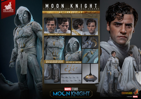 Complete accessories set for the Hot Toys TMS140AE Moon Knight figure including swappable wrapped hands, crescent blades of various sizes, and the branded figure base.