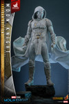 Front view of the Hot Toys Moon Knight Artisan Edition figure displaying the wired fabric cape, ancient symbol suit, and illuminated white LED light up masked eyes.