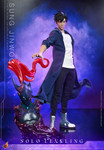 Layout of the weapons and system accessories included with the Hot Toys Sung Jinwoo figure including the Demon King's Longsword and System Status Bar display panel.