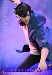 Close up view of the Hot Toys Sung Jinwoo head sculpt displaying the UV luminous reflective eye effect and dynamic battle style hair piece.
