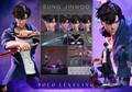 Hot Toys TMS193 Solo Leveling Sung Jinwoo 1/6th scale collectible figure shown in full height wearing his blue wired hooded coat and holding Kasaka's Venom Fang dagger.