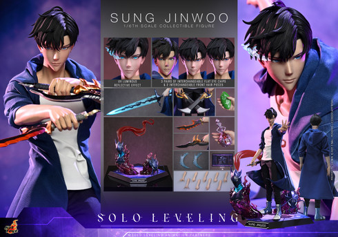Hot Toys TMS193 Solo Leveling Sung Jinwoo 1/6th scale collectible figure shown in full height wearing his blue wired hooded coat and holding Kasaka's Venom Fang dagger.