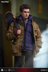 A close up shot highlights the tailored cloth jacket hoodie and pants tailoring on the Venus Toys VET007A 1/12 scale collectible figure.