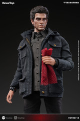 full body front view displaying the real fabric jacket shirt and pants on the 1 12 scale Night Vigilante figure.