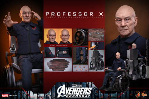 Professor X figure displayed alongside his custom wheelchair and Xavier School for Gifted Youngsters sign.
