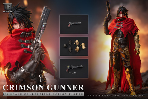 Front view of the TOYS BATTALION Crimson Gunner 1/6 scale action figure wearing custom tactical attire and holding primary weaponry on a white display background.