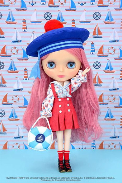 CWC Limited Neo Blythe Sailing Dominique full length shot in her nautical sailor outfit showing long wavy Mauve Pink hair.