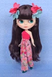 Close up photo highlighting the cocoa brown eyeshadow with rose pink corners, plump peach pink lips, and dark brown purple-tinged hair of the Jade Garden Blythe doll.  