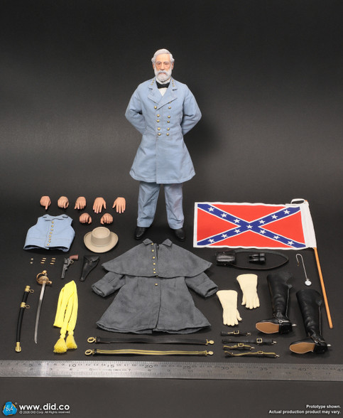 The full view of the DID NS80198 1/6 scale General Robert E Lee figure displays the entire Civil War officer uniform and accessories.