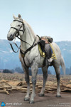 Close up side view of the DID E60086 white war horse showing the genuine leather stirrups and double saddle holster.