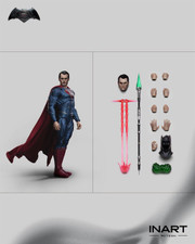 Display photo showing all included accessories such as interchangeable hands and Kryptonite pieces arranged beside the main figure.