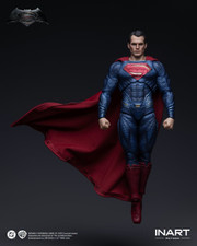 Action shot of the INART 1/12 scale Superman in a flying position mounted on the custom display stand.
