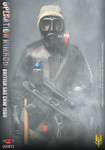 Ujindou UD9072 one sixth scale British SAS CRW Operation Nimrod action figure wearing the iconic black assault coveralls and S6 gas mask while holding an MP5A3 submachine gun.