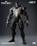 The full body view showcases the Threezero 3Z0967 Marvel’s Spider-Man 2 DLX Venom Standard Edition figure standing in a terrifying broad pose showing off the pitch black symbiote texture.
