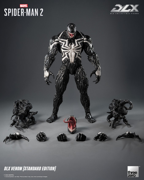 The included accessories set for the Threezero DLX Venom figure displays the extra hands open mouth portrait tendrils and magnetic tongues.