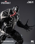 A close up view highlights the expanded open mouth head sculpt of the Threezero DLX Venom figure with its magnetic long tongue accessory attached.