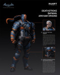 The front view shows the complete Inart 1/12 scale Deathstroke action figure standing in tactical blue and orange armor with his signature sword holstered on his back.