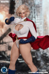A full front view of the SuperDuck SET096 one sixth scale Power Girl figure wearing her classic white jumpsuit and red cape.