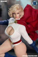 A close up showing the detailed female head sculpt with movable eyeballs and blonde hair on the SuperDuck SET096 action figure.