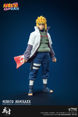 This is a full front view of the Tunshi Studio Minato Namikaze action figure wearing his Hokage cloak and holding his iconic kunai.