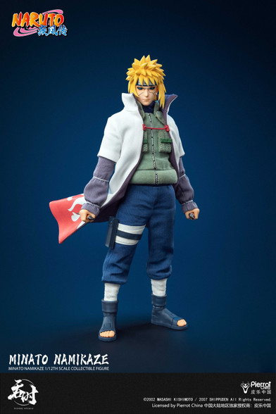 This is a full front view of the Tunshi Studio Minato Namikaze action figure wearing his Hokage cloak and holding his iconic kunai.