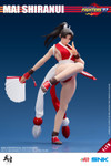 The Mai Shiranui collectible figure is posed dynamically executing her signature fire attack using the included translucent flame effects on a custom base.