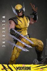 This is a full body shot of the Hot Toys Wolverine sixth scale figure wearing the yellow and black battle reborn suit.