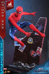 A full front view of the Hot Toys Spider Man Final Swing suit action figure standing in a dynamic hero pose.